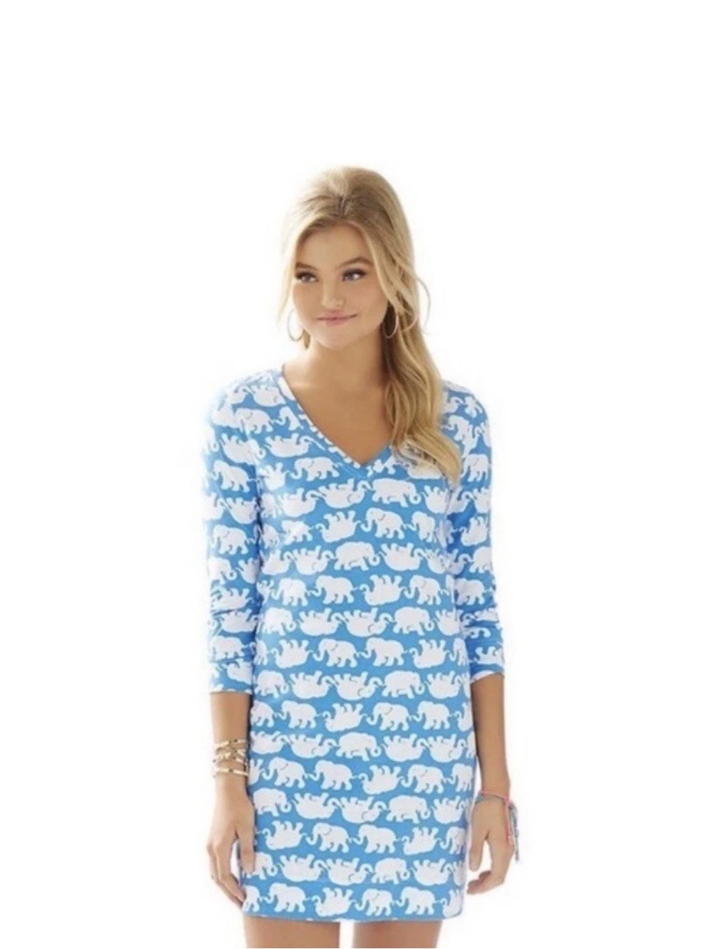 Lilly Pulitzer Christie dr‎ess| “tusk in sun”|blue|Cotton 3/4 Sleeve shift| EUC!